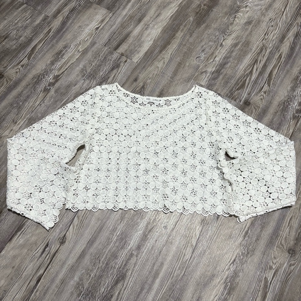 Zara Girls 13-14(164) White Floral Crochet Lace Long Sleeve Top Boho Sheer
